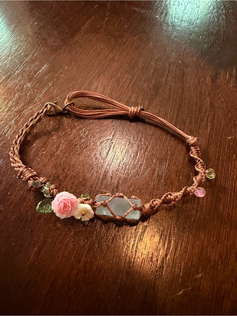 Handmade Brown Macrame Anklet with Pink Rose Accent